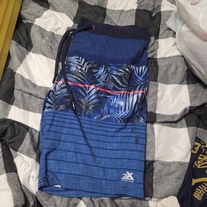 Xersion Navy and Blue Leaf Print Board Shorts